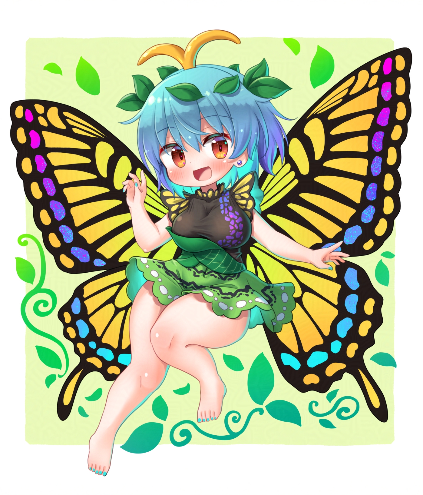 arinu, eternity larva, touhou, 1girl, barefoot, breasts, chibi, large breasts