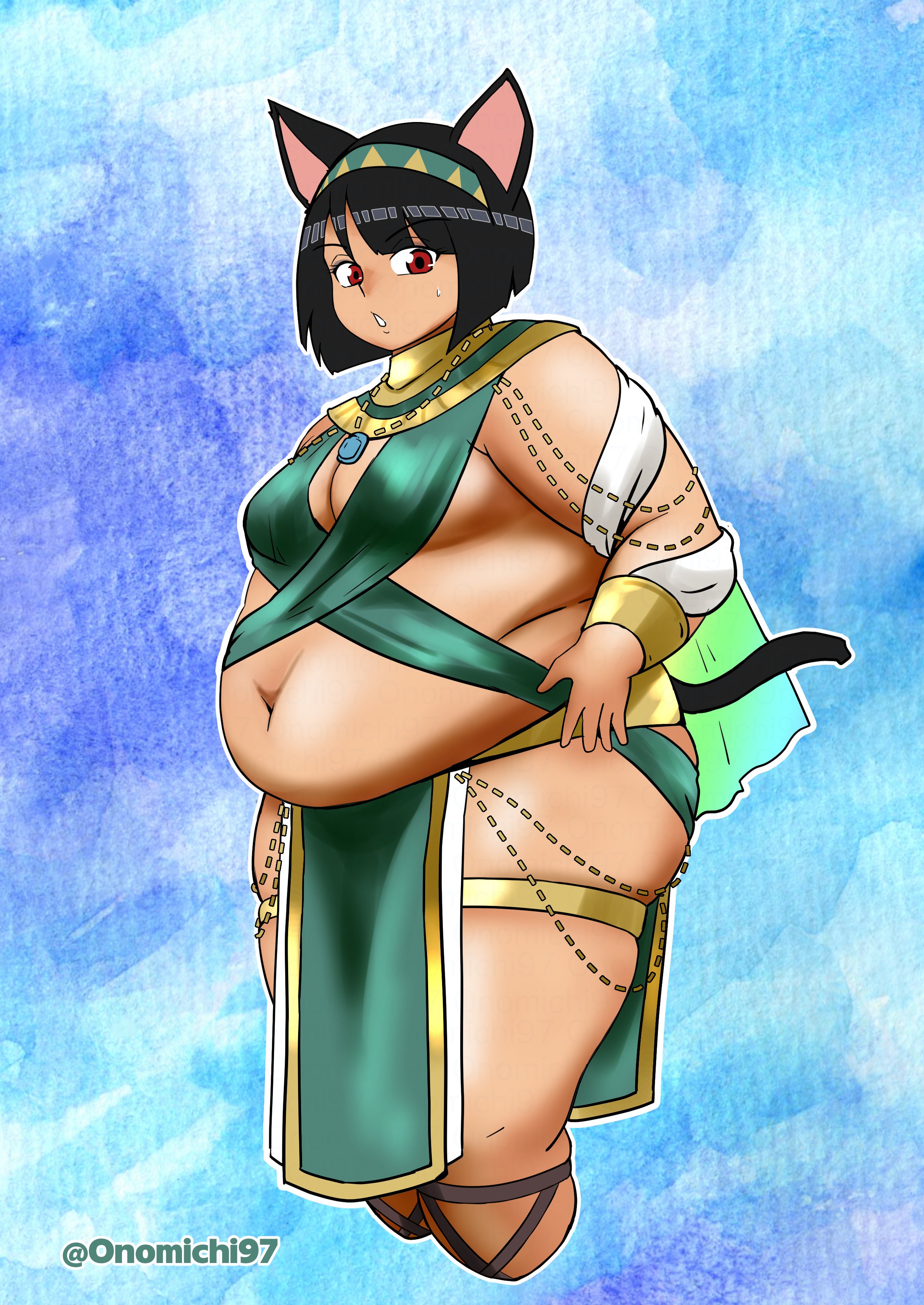 onomichi, onomichi (528959), original, 1girl, ancient egyptian, animal ears, armband, belly, big belly, black hair, blue background, bob cut, bracelet, breasts, cat ears, cat girl, cat tail, cleavage, dark-skinned female, dark skin, dress, fat, fat woman, green dress, green hairband, hairband, jewelry, medium breasts, navel, necklace, pelvic curtain, red eyes, revealing clothes, short hair, skindentation, sleeveless, sleeveless dress, solo, standing, sweat, tail, thick thighs, thigh strap, thighs, twitter username, usekh collar