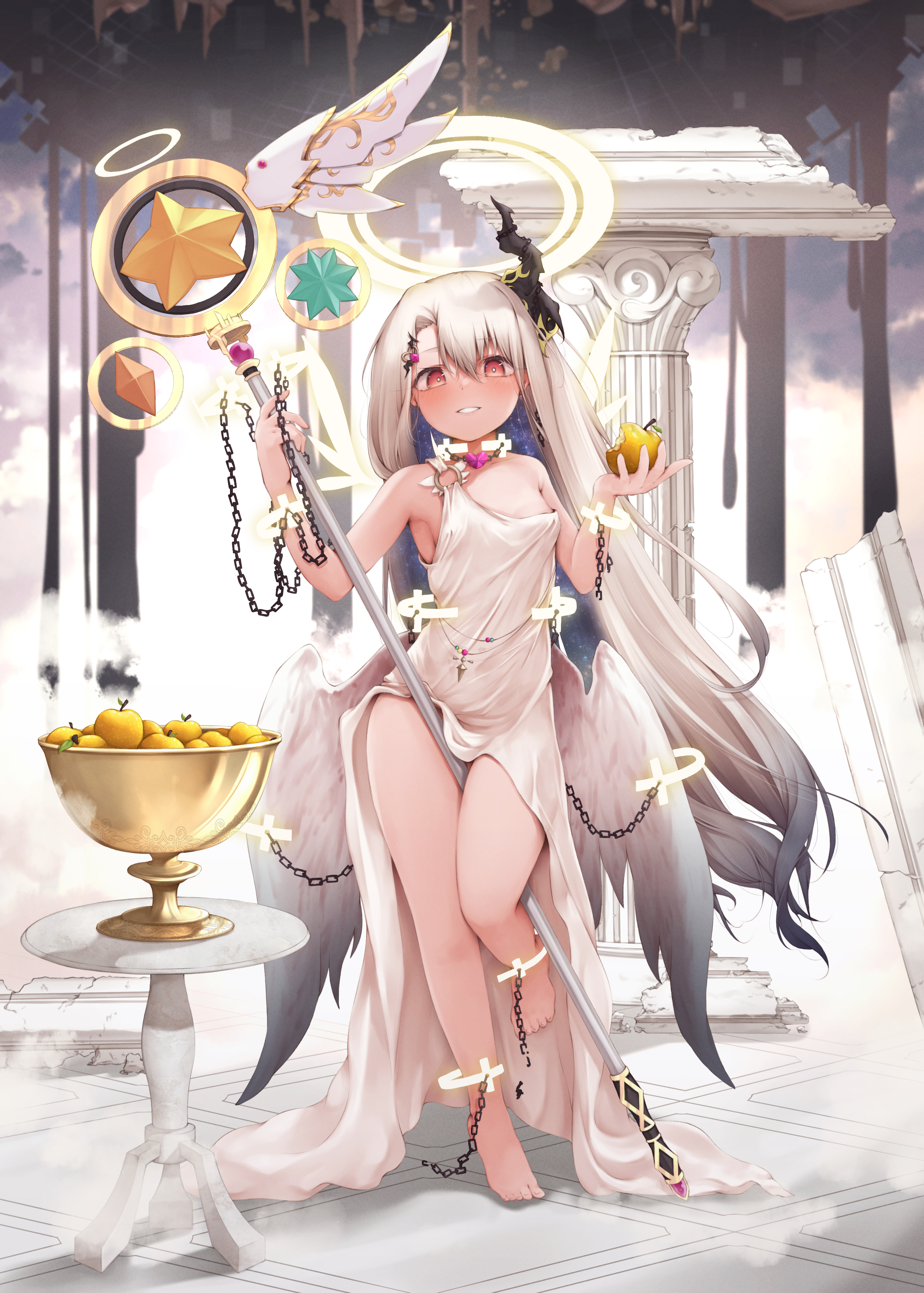 seven d3t, illyasviel von einzbern, fate/kaleid liner prisma illya, fate (series), absurdres, highres, 1girl, bare shoulders, blush, breasts, dress, full body, grin, long hair, looking at viewer, red eyes, sidelocks, small breasts, smile, solo, white dress, white hair