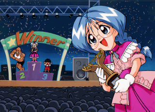 thyst corundum, puchi carat, taito, lowres, 1girl, 2boys, glasses, gloves, multiple boys, podium, trophy
