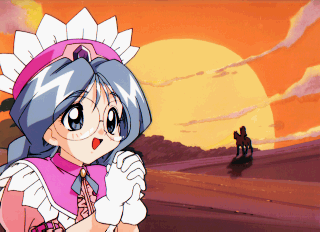 thyst corundum, puchi carat, taito, lowres, 1girl, glasses, gloves, hat, silhouette, sunset