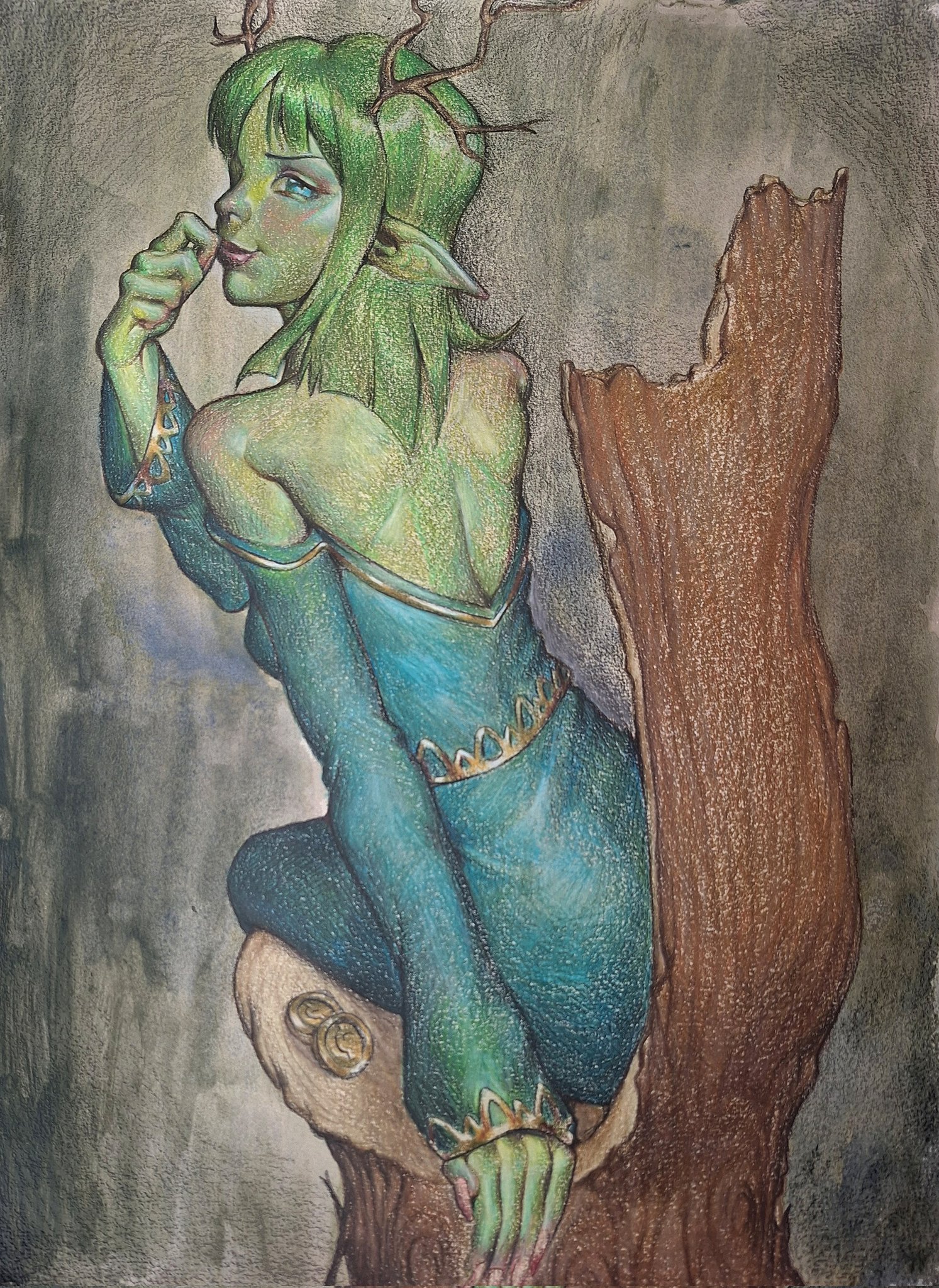 original, commentary, english commentary, highres, traditional media, 1girl, antlers, armpit crease, bare shoulders, breasts, chair, closed mouth, coin, colored skin, deer antlers, dress, feet out of frame, from behind, green dress, green eyes, green hair, green skin, hand to own mouth, horns, kaeliosis, lips, long sleeves, looking at viewer, looking back, lunacid, medium hair, nose, on chair, patchouli (lunacid), pointy ears, red nails, sitting, small breasts, smile, solo