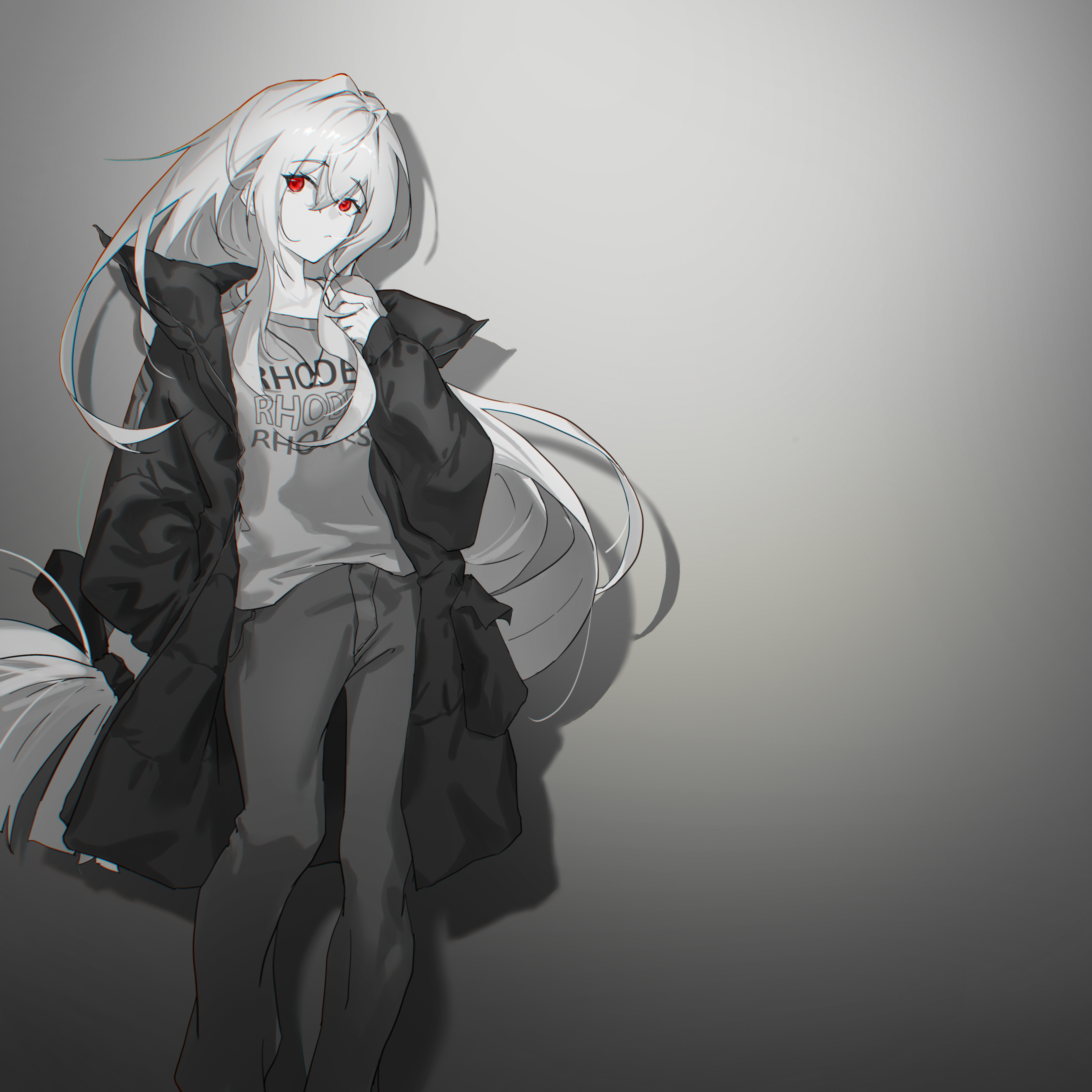 skadi (arknights), arknights, absurdres, highres, 1girl, alternate costume, angelfish, black jacket, bow, casual, closed mouth, collarbone, feet out of frame, fish, gradient background, grey pants, grey shirt, greyscale, hair between eyes, hand in pocket, head tilt, jacket, jewelry, long hair, looking at viewer, low-tied long hair, monochrome, necklace, pants, red eyes, shadow, shirt, tropical fish, very long hair, white hair, yume (user kjuv7837)