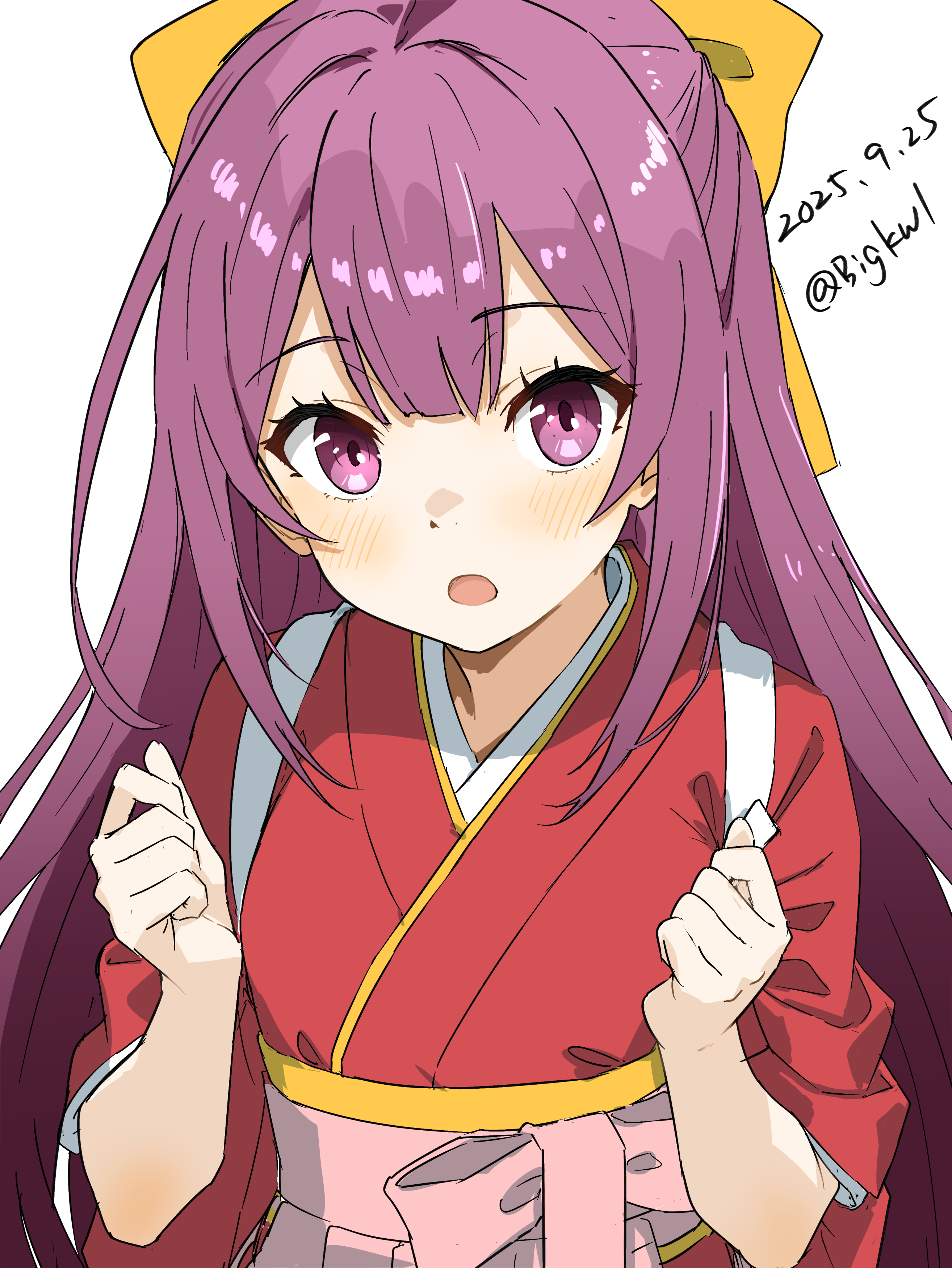 bigkwl, kamikaze (kancolle), kantai collection, absurdres, highres, 1girl, blush, bow, dated, hair bow, hakama, hakama skirt, japanese clothes, kimono, long hair, looking at viewer, one-hour drawing challenge, open mouth, pink hakama, purple eyes, purple hair, red kimono, simple background, skirt, solo, twitter username, upper body, white background, yellow bow