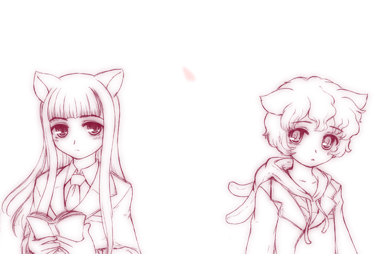 tagme, 2girls, animal ears, book, long hair, monochrome, multiple girls