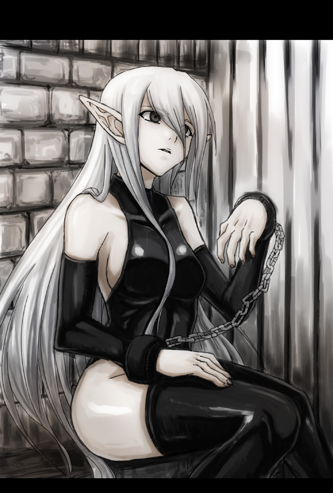 minarai, silver hair, 1girl, bdsm, black eyes, bondage, bound, bound wrists, breasts, chain, elbow gloves, elf, female focus, gloves, large breasts, long hair, pointy ears, solo, thighhighs