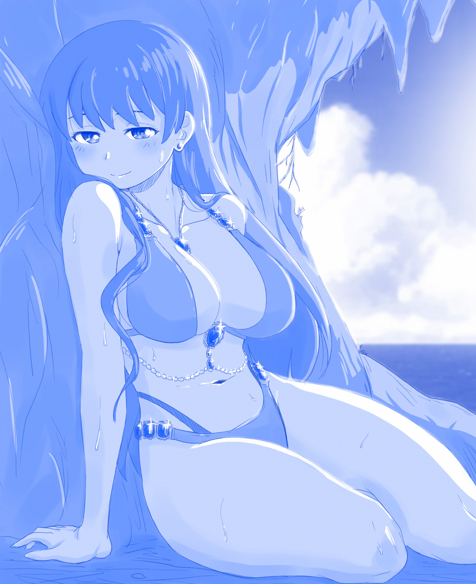 viperxtr, arato nagi, ruri no houseki, commentary, english commentary, highres, 1girl, bikini, blue theme, blush, breasts, cleavage, closed mouth, cloud, ear piercing, earrings, gem, glint, horizon, jewelry, large breasts, long hair, looking at viewer, monochrome, navel, ocean, outdoors, piercing, sitting, smile, stud earrings, swimsuit, wet