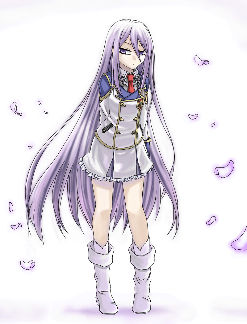 minarai, felli loss, koukaku no regios, 1girl, boots, cherry blossoms, female focus, long hair, necktie, petals, purple eyes, purple hair, solo