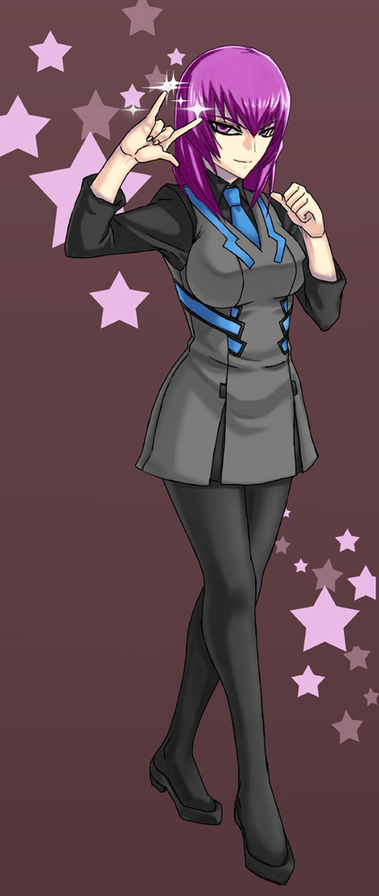 minarai, kouzuki yuuko, muv-luv, long image, tall image, 1girl, m/, female focus, full body, necktie, pantyhose, pink hair, purple eyes, purple hair, seikan hikou, short hair, smile, solo, star (symbol)