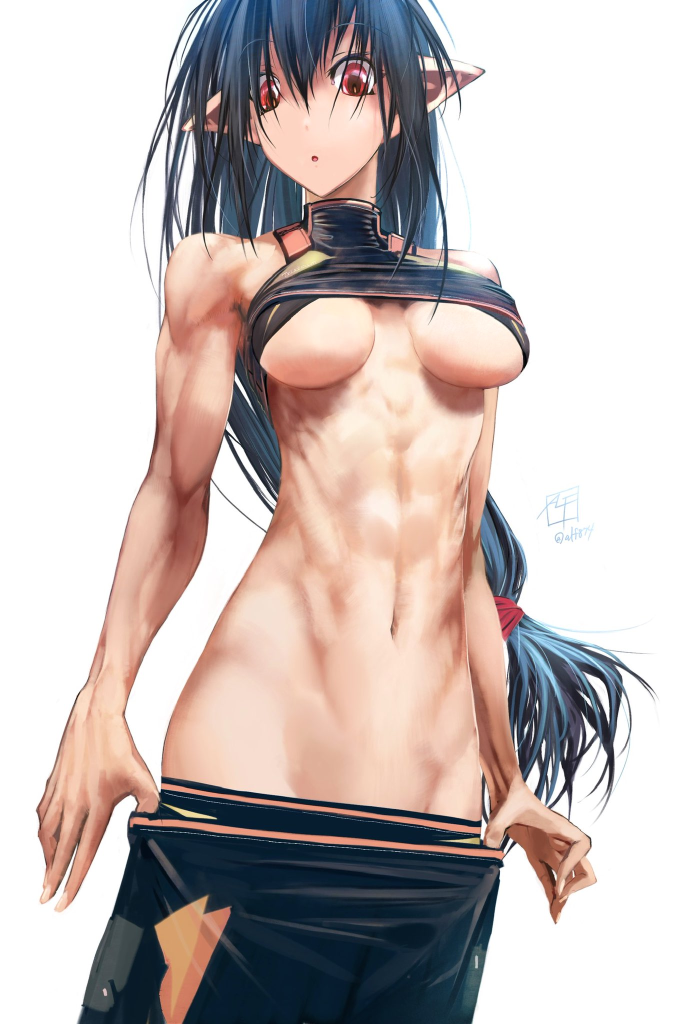 alf874, original, commentary, highres, 1girl, abs, artist name, black hair, black panties, black shorts, black tank top, breasts, clothes lift, clothes pull, crop top, elf, hair over eyes, long hair, looking at viewer, low-tied long hair, lowleg, lowleg panties, midriff, navel, panties, pointy ears, red eyes, shirt lift, shorts, shorts pull, signature, solo, tank top, toned, toned female, underwear
