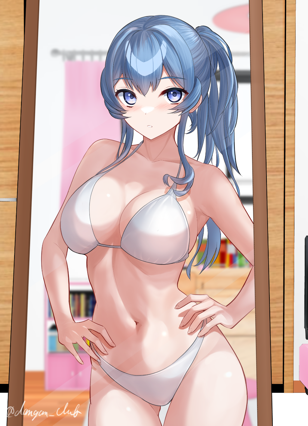 dangan kurabu, gotland (kancolle), kantai collection, highres, 1girl, artist name, bikini, blue eyes, blue hair, bookshelf, breasts, cowboy shot, gluteal fold, hair bun, hands on own hips, indoors, large breasts, long hair, looking at viewer, mirror, navel, ponytail, reflection, single hair bun, solo, stomach, swimsuit, white bikini