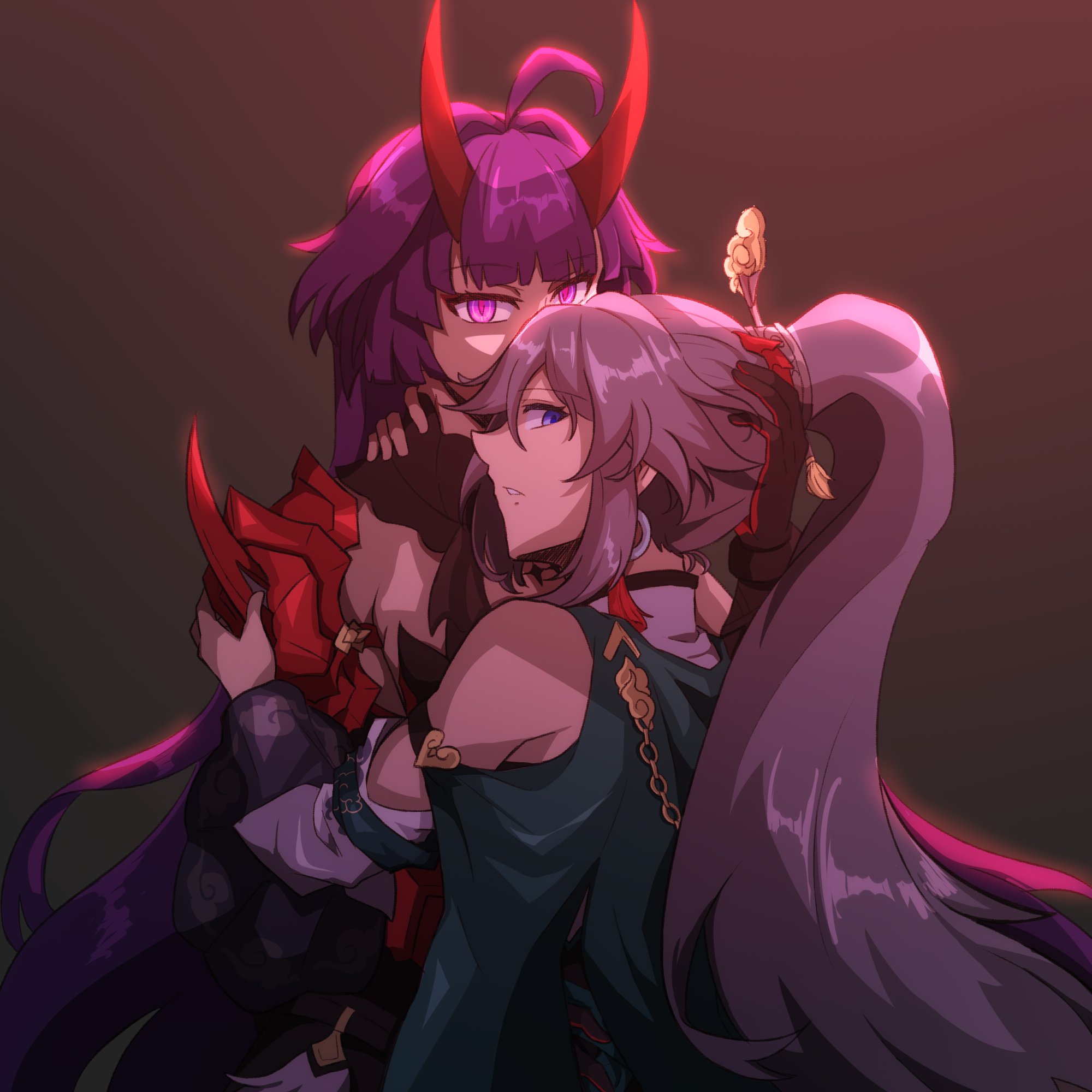 kursed tea, fu hua, fu hua (azure empyrea), raiden mei, raiden mei (herrscher of thunder), honkai (series), honkai impact 3rd, highres, 2girls, blue eyes, dress, green dress, grey hair, hair ornament, hair stick, horns, long hair, looking at viewer, multiple girls, parted lips, ponytail, purple eyes, purple hair, red horns, very long hair