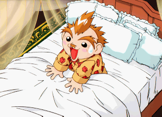 by (puchi carat), puchi carat, taito, lowres, 1boy, bed, pillow, sweatdrop
