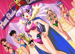 sapphire corundum, puchi carat, taito, lowres, 5girls, bikini, crown, long hair, multiple girls, short hair, swimsuit, trophy