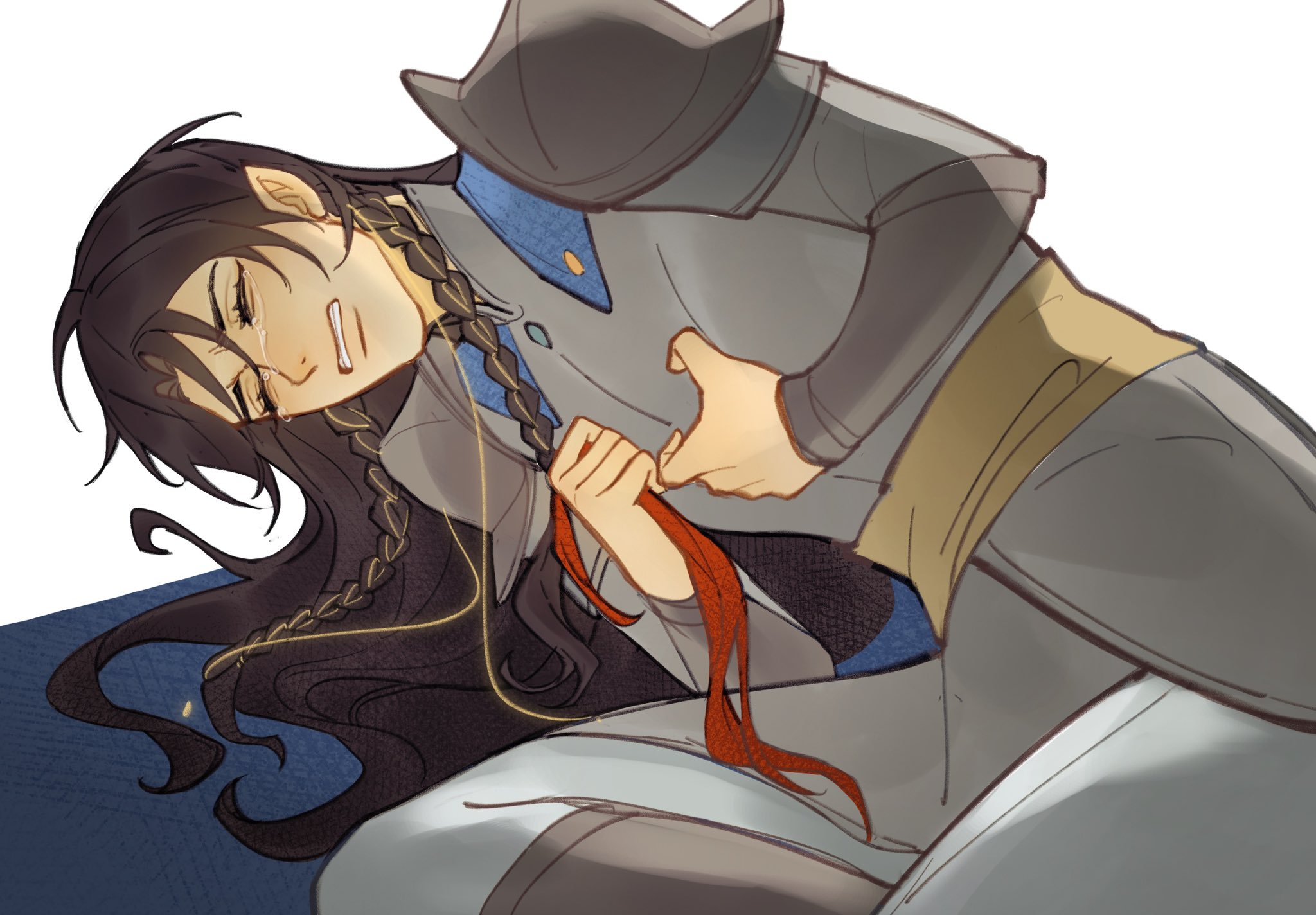 issa crimson, fingon, the silmarillion, tolkien's legendarium, 1boy, armor, black hair, braid, closed eyes, crying, elf, eyelashes, long hair, lying, male focus, parted lips, pointy ears, red hair, shoulder armor, simple background, solo, tears, teeth, white background