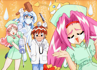 aqua (puchi carat), dearl aragonite, garnet grossular, kumi-kumi, rquo howlite, puchi carat, taito, lowres, 2boys, 2girls, face mask, hat, knife, mallet, mask, multiple boys, multiple girls, nurse, nurse cap, syringe