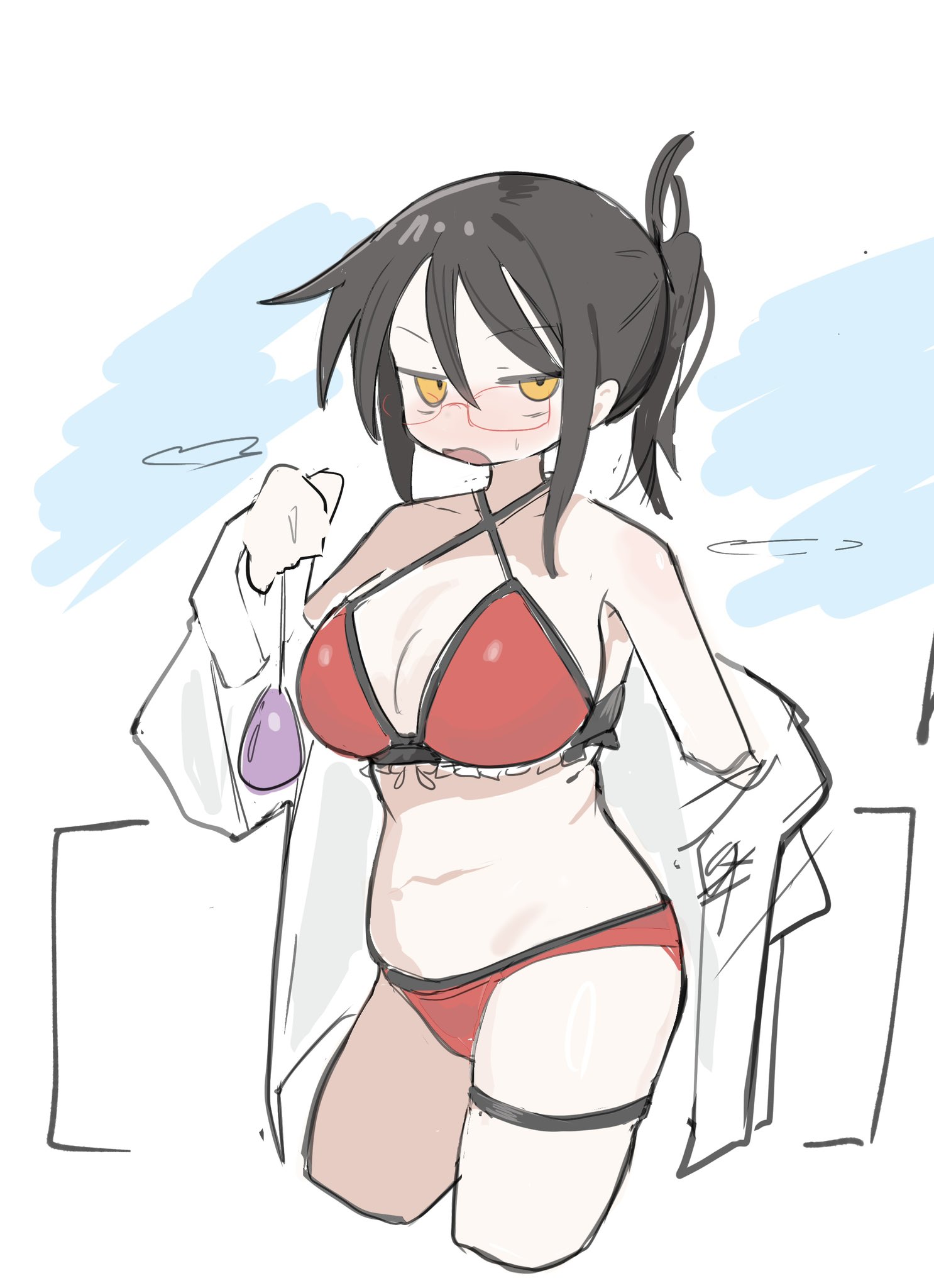 ac (yabu sakai), character request, 1girl, bikini, black hair, blush, breasts, cleavage, embarrassed, frilled bikini, frills, glasses, holding kinchaku, kinchaku, medium breasts, medium hair, navel, off-shoulder shirt, off shoulder, open clothes, open mouth, open shirt, outdoors, plump, ponytail, pouch, red-framed eyewear, red bikini, shirt, solo, standing, sweat, swimsuit, thigh strap, unbuttoned, unbuttoned shirt, white background, white shirt, yellow eyes