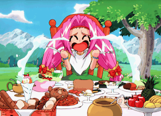 kumi-kumi, rquo howlite, puchi carat, taito, lowres, apple, banana, bread, crying, food, fork, fruit, knife, lemon, meat, pineapple