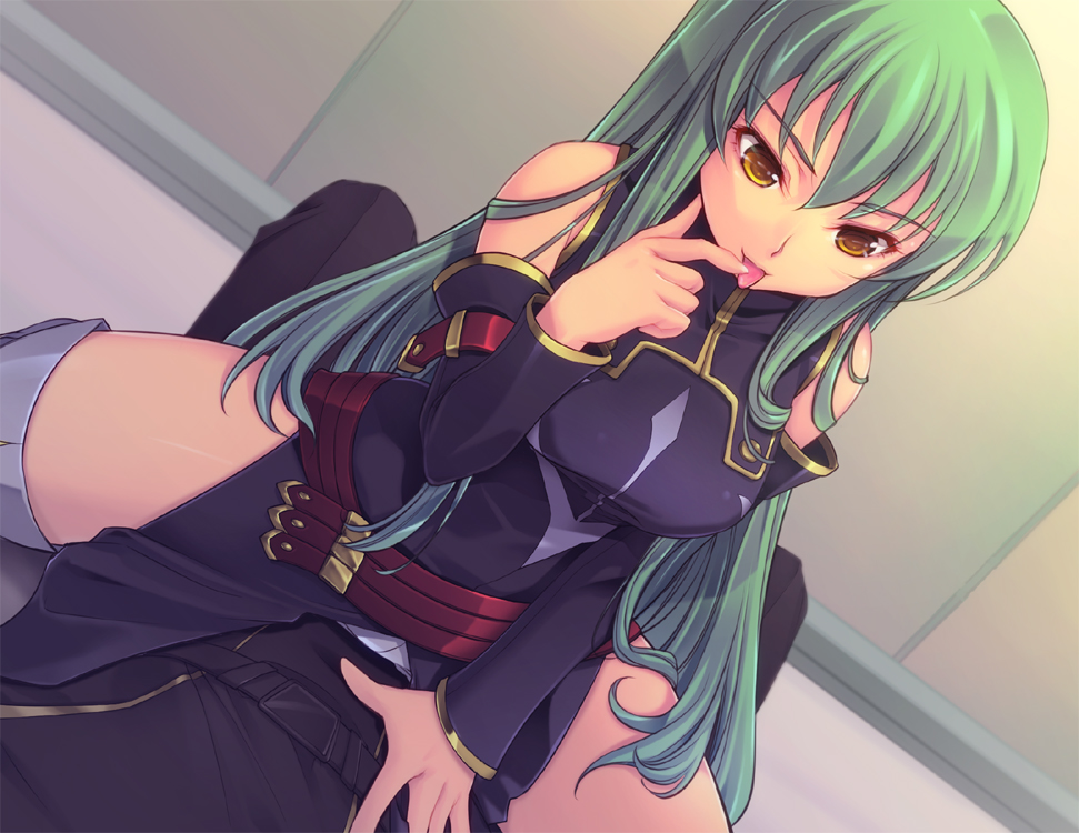 yoko juusuke, c.c., code geass, 00s, 1girl, brown eyes, detached sleeves, female focus, girl on top, green hair, long hair, solo, solo focus, straddling, thighhighs, tongue, yellow eyes