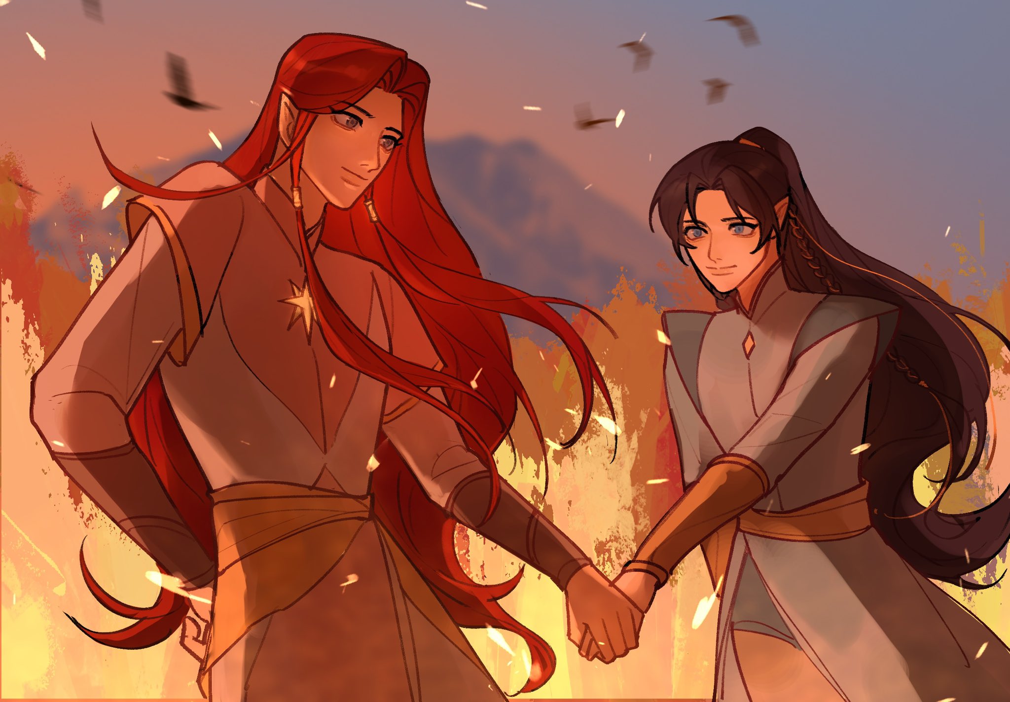 issa crimson, fingon, maedhros, the silmarillion, tolkien's legendarium, 2boys, animal, bird, black hair, blue eyes, braid, closed mouth, cousins, elf, fire, floating hair, flying, grey eyes, high ponytail, holding hands, long hair, looking at another, male focus, multiple boys, parted bangs, pointy ears, ponytail, red hair, sidelocks, yaoi