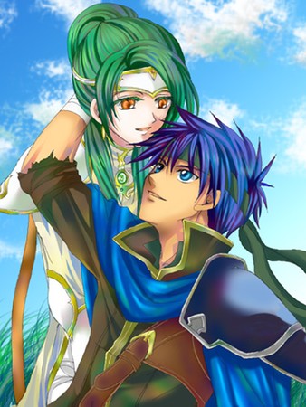 holy pledge, elincia ridell crimea, ike (fire emblem), fire emblem, fire emblem: path of radiance, fire emblem: radiant dawn, nintendo, pegasus knight uniform (fire emblem), lowres, 1boy, 1girl, armor, blue eyes, blue hair, couple, green hair, hair bun, hair up, headband, hetero, orange eyes, princess, white armor