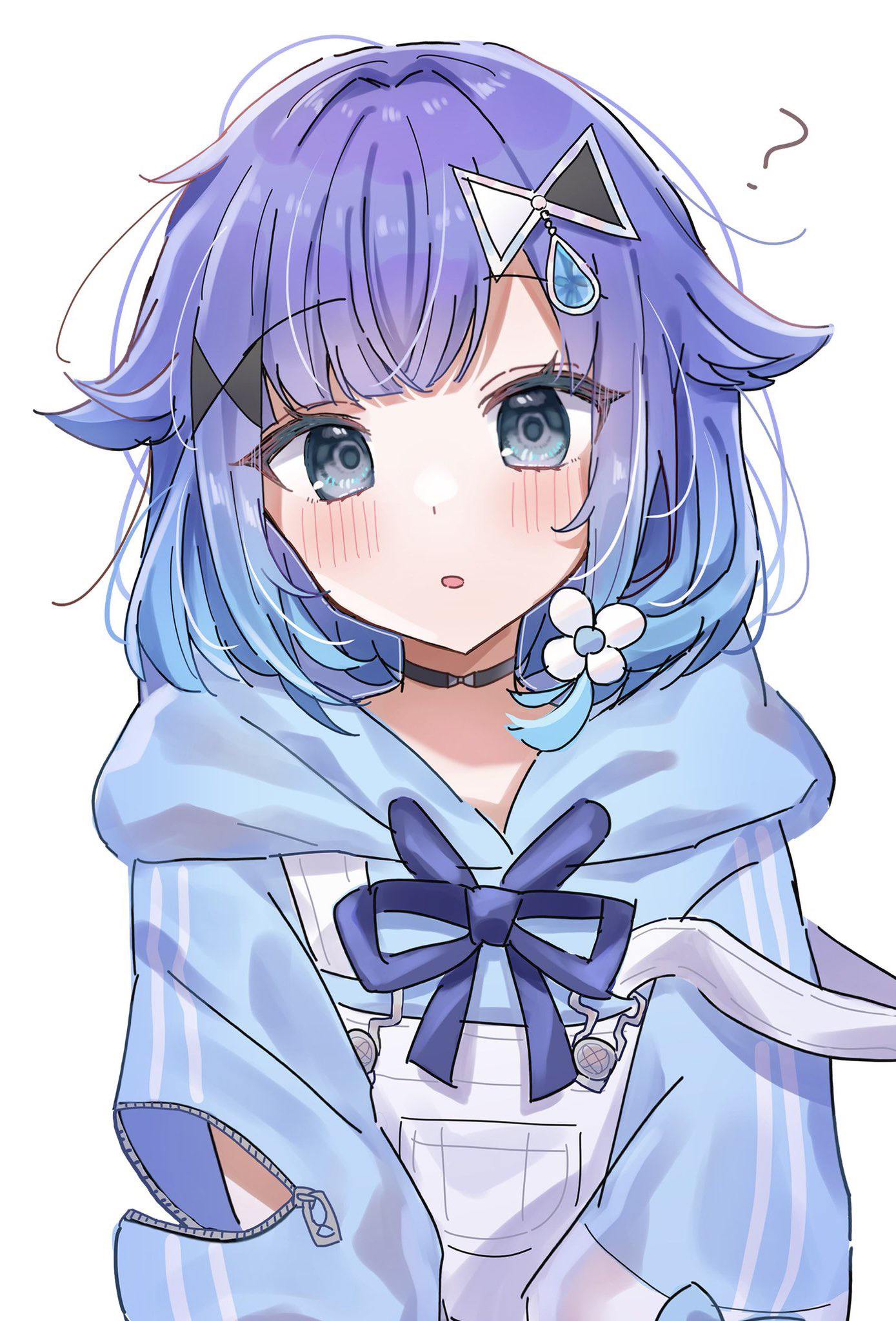 yunagi (yng hoti), tsumugi kokage, vspo!, highres, 1girl, ?, black choker, blue eyes, blue hair, blue hoodie, blush, choker, gradient hair, hair ornament, hood, hoodie, looking at viewer, messy hair, multicolored hair, open mouth, simple background, solo, upper body, virtual youtuber, white background