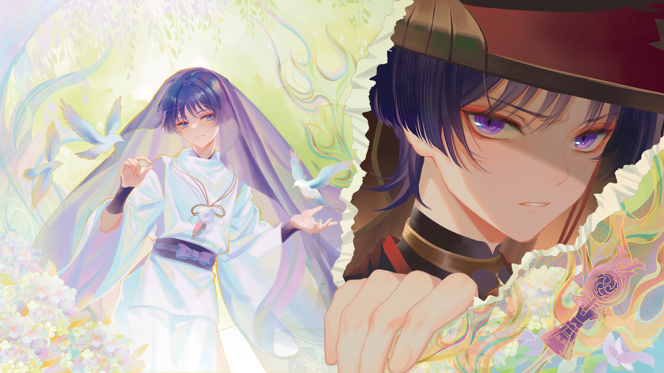 shuangyu3000, scaramouche (genshin impact), genshin impact, chinese commentary, highres, 1boy, abstract background, bird, closed mouth, eyeliner, fire, floating, flower, glaring, gnosis (genshin impact), green background, hair between eyes, hands up, head tilt, japanese clothes, jewelry, long sleeves, looking to the side, makeup, necklace, official alternate costume, parted lips, purple eyes, purple hair, red eyeliner, shaded face, short hair, smile, solo, standing, too many, too many birds, torn, wide sleeves