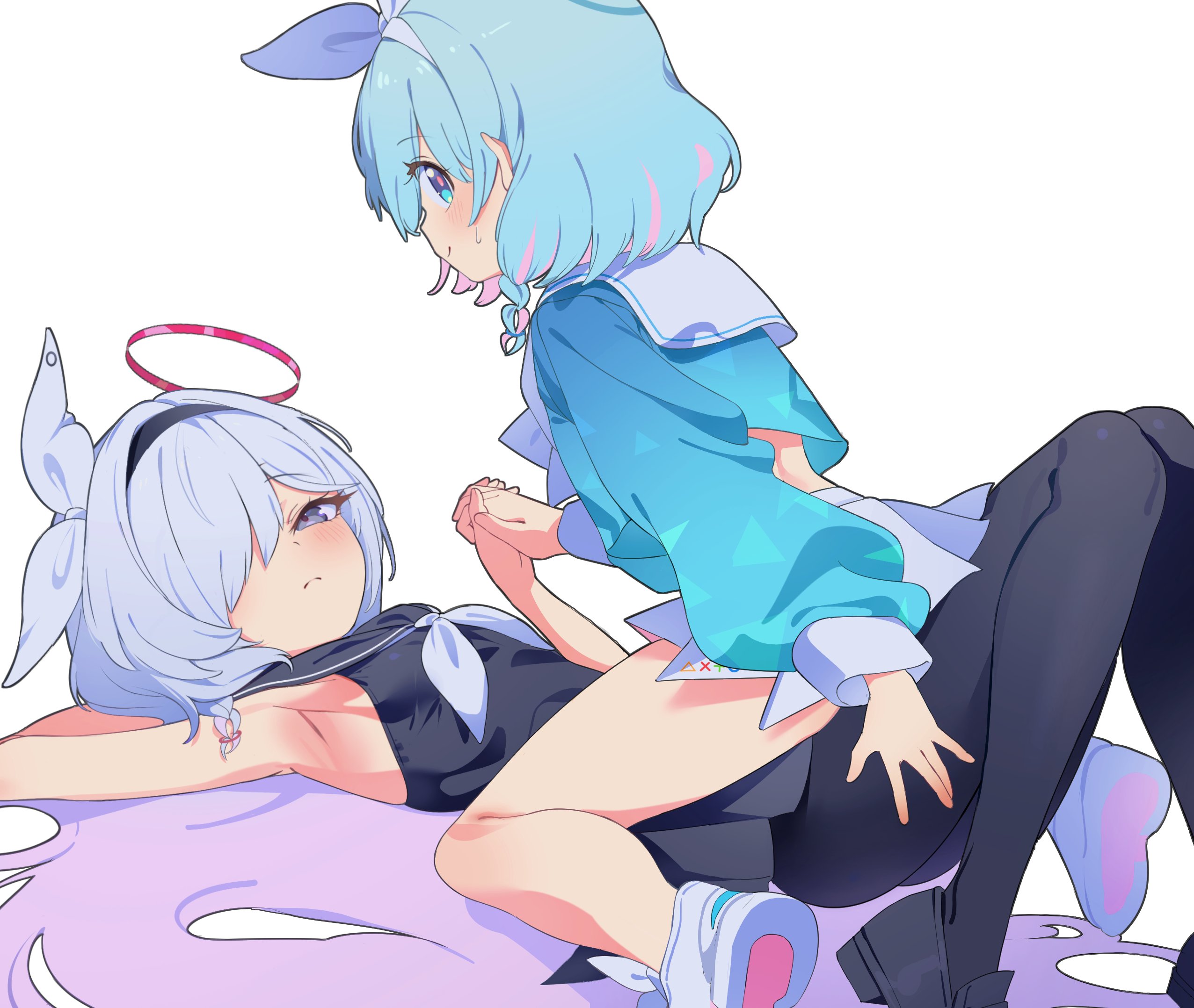 tanghulu (bbbb1123112), arona (blue archive), plana (blue archive), blue archive, highres, 2girls, arm up, armpits, black hairband, black pantyhose, black sailor collar, black serafuku, black shoes, black skirt, blue eyes, blue hair, blue shirt, blush, bow hairband, braid, breasts, closed mouth, colored inner hair, girl on top, grey eyes, hair over one eye, hair ribbon, hairband, halo, holding hands, legs, long hair, long sleeves, lying, miniskirt, multicolored hair, multiple girls, neckerchief, on back, pantyhose, pink hair, pleated skirt, puffy long sleeves, puffy sleeves, ribbon, sailor collar, school uniform, serafuku, shirt, shoes, short hair, side braid, simple background, single braid, skirt, sleeveless, small breasts, thighs, very long hair, white background, white hair, white hairband, white neckerchief, white ribbon, white sailor collar, white shoes, white skirt