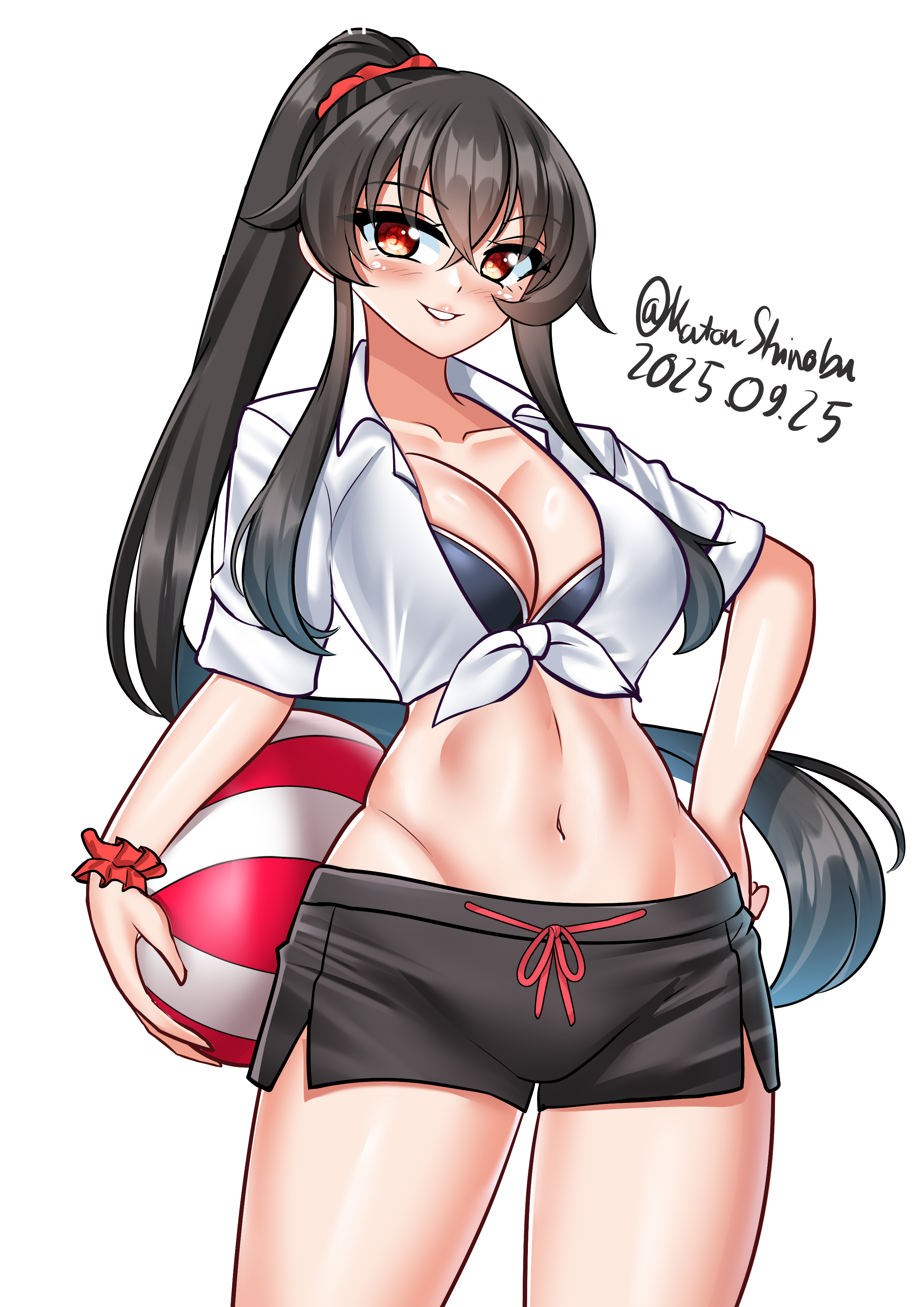 katou shinobu, noshiro (kancolle), noshiro (swimsuit) (kancolle), yahagi (kancolle), kantai collection, absurdres, commentary, english commentary, highres, 1girl, ball, beachball, bikini, bikini top under shirt, bikini under clothes, black bikini, black hair, black shorts, blush, breasts, cleavage, cosplay, cowboy shot, dated, hair between eyes, large breasts, long hair, looking at viewer, navel, noshiro (kancolle) (cosplay), one-hour drawing challenge, ponytail, red eyes, scrunchie, shirt, short sleeves, shorts, sidelocks, simple background, smile, solo, swimsuit, tied shirt, twitter username, white background, white shirt