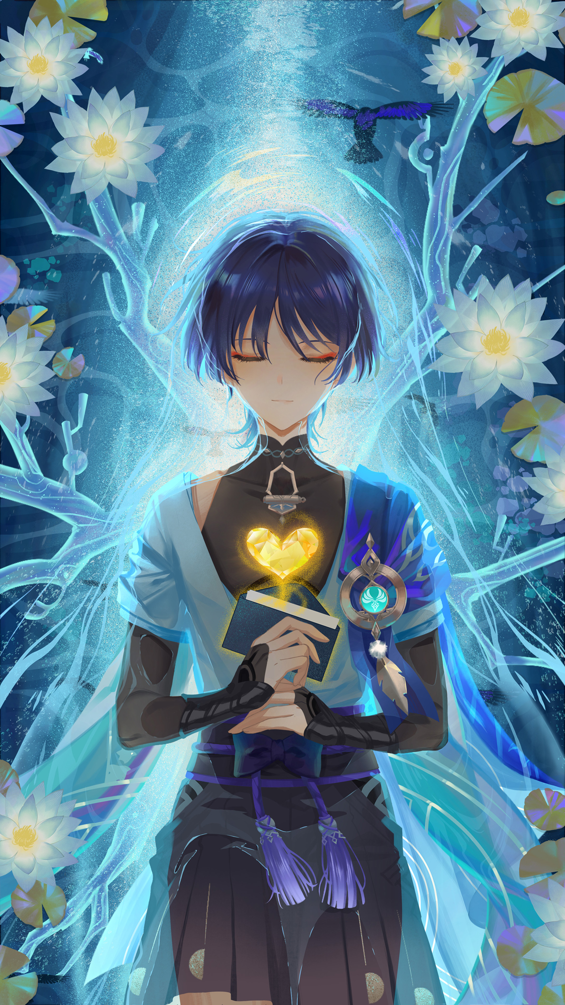 shuangyu3000, scaramouche (genshin impact), wanderer (genshin impact), genshin impact, chinese commentary, highres, 1boy, bird, blue background, blue hair, branch, bridal gauntlets, closed eyes, closed mouth, covered collarbone, eyeliner, floating, flower, glowing, hair between eyes, heart, holding, in water, japanese clothes, lying, makeup, off shoulder, on back, petals, red eyeliner, ripples, short hair, short sleeves, shorts, solo, vision (genshin impact), water