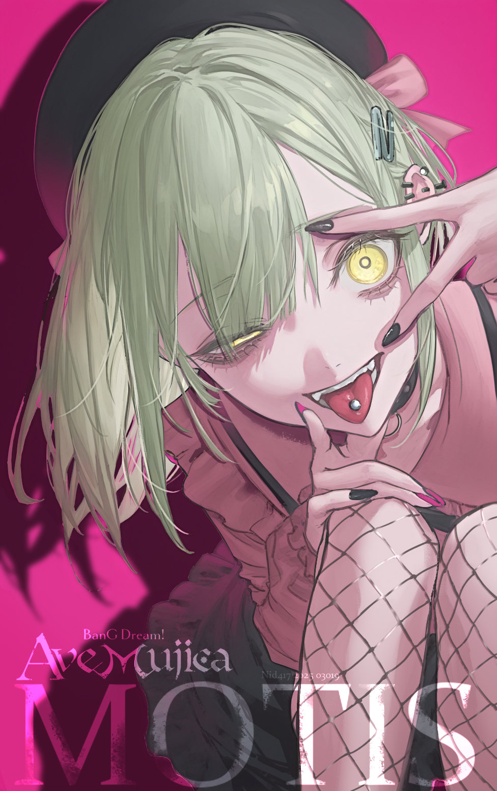 nid417, mortis (bang dream!), mortis (persona) (bang dream!), wakaba mutsumi, bang dream!, bang dream! it's mygo!!!!!, commentary, highres, 1girl, beret, character name, copyright name, ear piercing, fishnets, grey hair, hair ornament, hairclip, half-closed eye, hat, looking at viewer, multicolored nails, piercing, shadow, solo, tongue, tongue out, tongue piercing, two-tone nails, v, yellow eyes