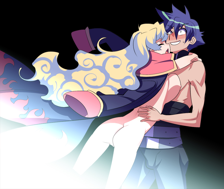 tensugi takashi, nia teppelin, simon (ttgl), tengen toppa gurren lagann, bad id, bad pixiv id, 00s, 1boy, 1girl, ass, back, blue hair, blush, breast press, breasts, cape, clothed male nude female, coat, couple, hetero, hug, large breasts, long hair, multicolored hair, naked cape, naked coat, nipples, nude, smile, sweat, topless male, two-tone hair