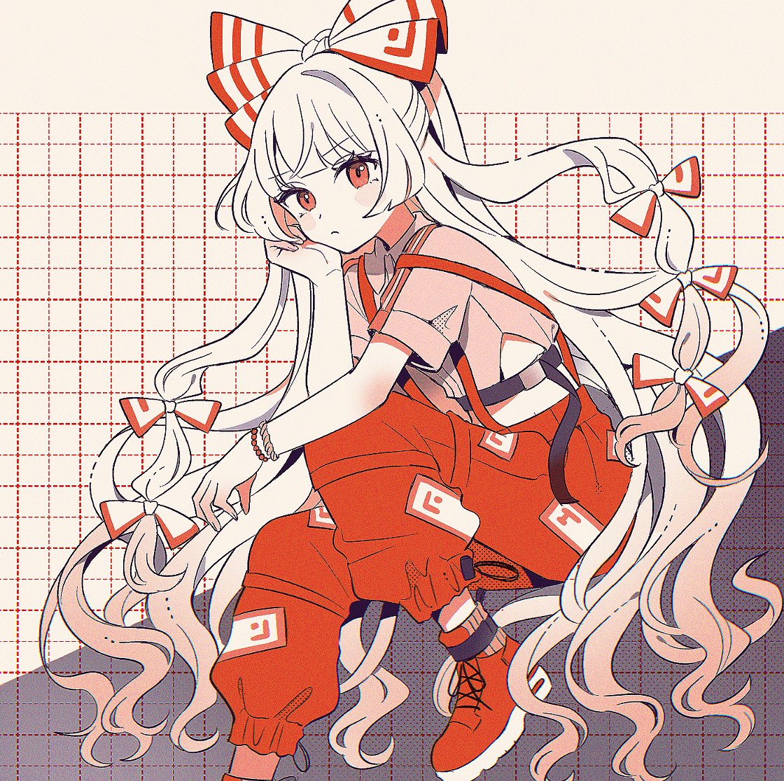 mozukuzu (manukedori), fujiwara no mokou, touhou, commentary, 1girl, arm support, boots, bow, contemporary, cropped shirt, expressionless, grid background, hair bow, hand on own chin, invisible chair, long hair, looking at viewer, pants, red boots, red eyes, red pants, sitting, solo, streetwear, suspenders, white hair