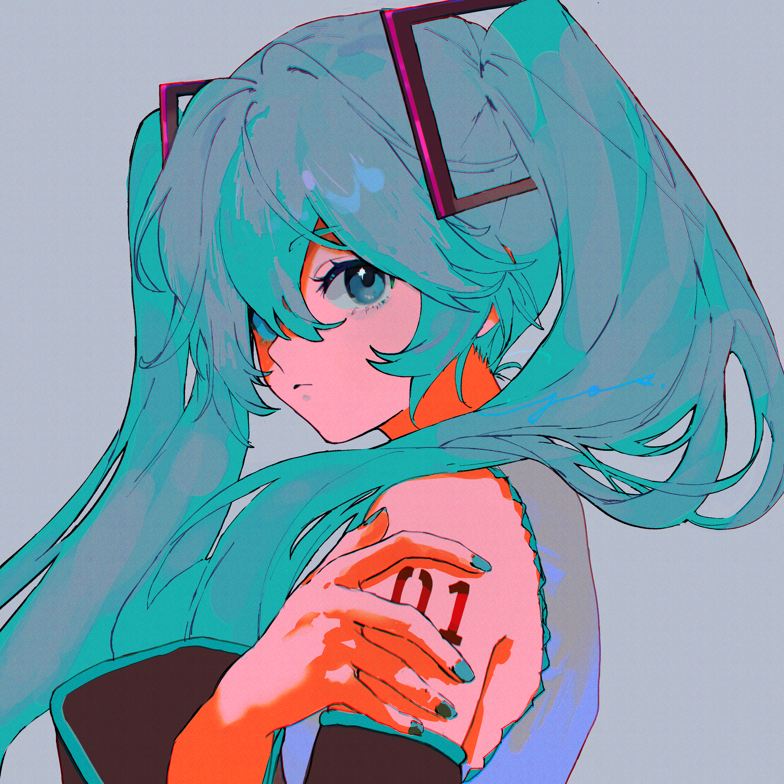 yos (72112764), hatsune miku, vocaloid, absurdres, highres, 1girl, aqua eyes, aqua hair, aqua nails, bare shoulders, black sleeves, detached sleeves, expressionless, from side, grey background, grey shirt, hair between eyes, hair ornament, hand on own arm, long hair, looking at viewer, number tattoo, portrait, shirt, simple background, sleeveless, solo, tattoo, twintails, very long hair