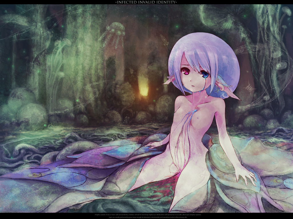 chitose rin, rel, original, bad id, bad pixiv id, 1girl, blood, female focus, heterochromia, letterboxed, monster girl, nude, pointy ears, sitting, solo