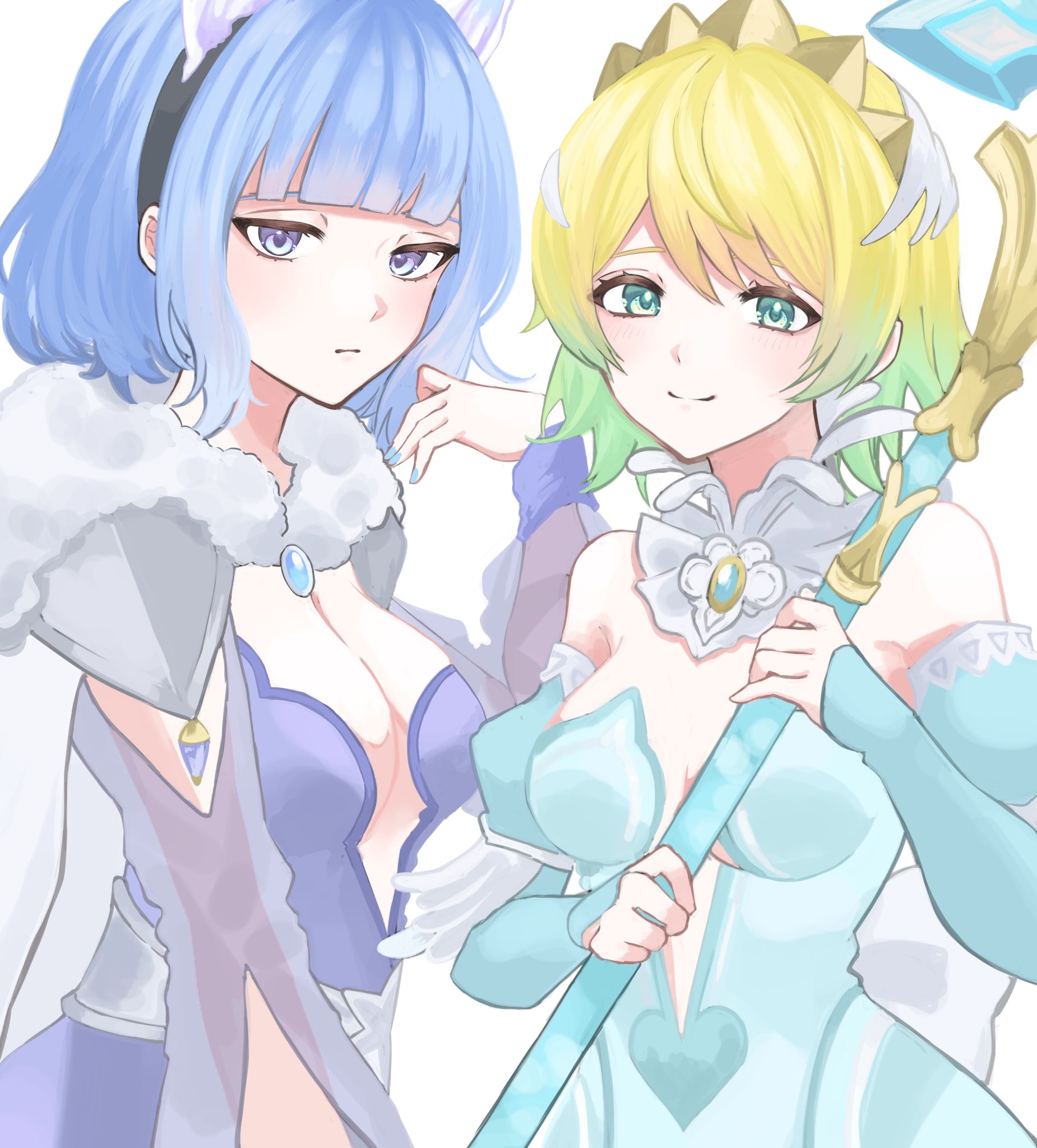 sayaka (fe uma274), fjorm (fire emblem), fjorm (ice tribe) (fire emblem), nifl (fire emblem), nifl (ice tribe) (fire emblem), fire emblem, fire emblem heroes, nintendo, commentary, highres, 2girls, aqua dress, blonde hair, blue dress, blue eyes, breasts, center opening, cleavage, closed mouth, dress, gradient hair, green eyes, green hair, grey background, looking at viewer, medium breasts, multicolored hair, multiple girls, official alternate costume, short hair, simple background, smile, two-tone hair