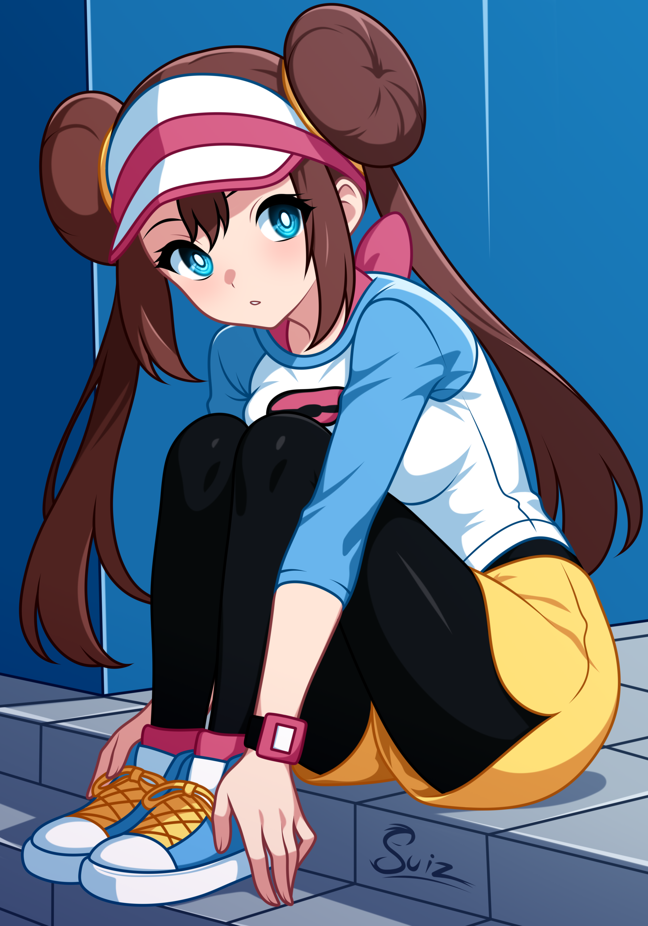 su1zide, rosa (pokemon), nintendo, pokemon, pokemon bw2, absurdres, highres, 1girl, artist name, black pantyhose, blue eyes, brown hair, double bun, full body, hair bun, long hair, pantyhose, parted lips, shirt, shorts, signature, sitting, solo, three-quarter sleeves, twintails, visor cap, yellow shorts
