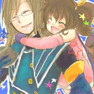 anise tatlin, jade curtiss, tales of (series), tales of the abyss, lowres, 00s, 1boy, 1girl, blush, brown hair, glasses, gloves, hetero, hug, hug from behind, long hair, smile, twintails