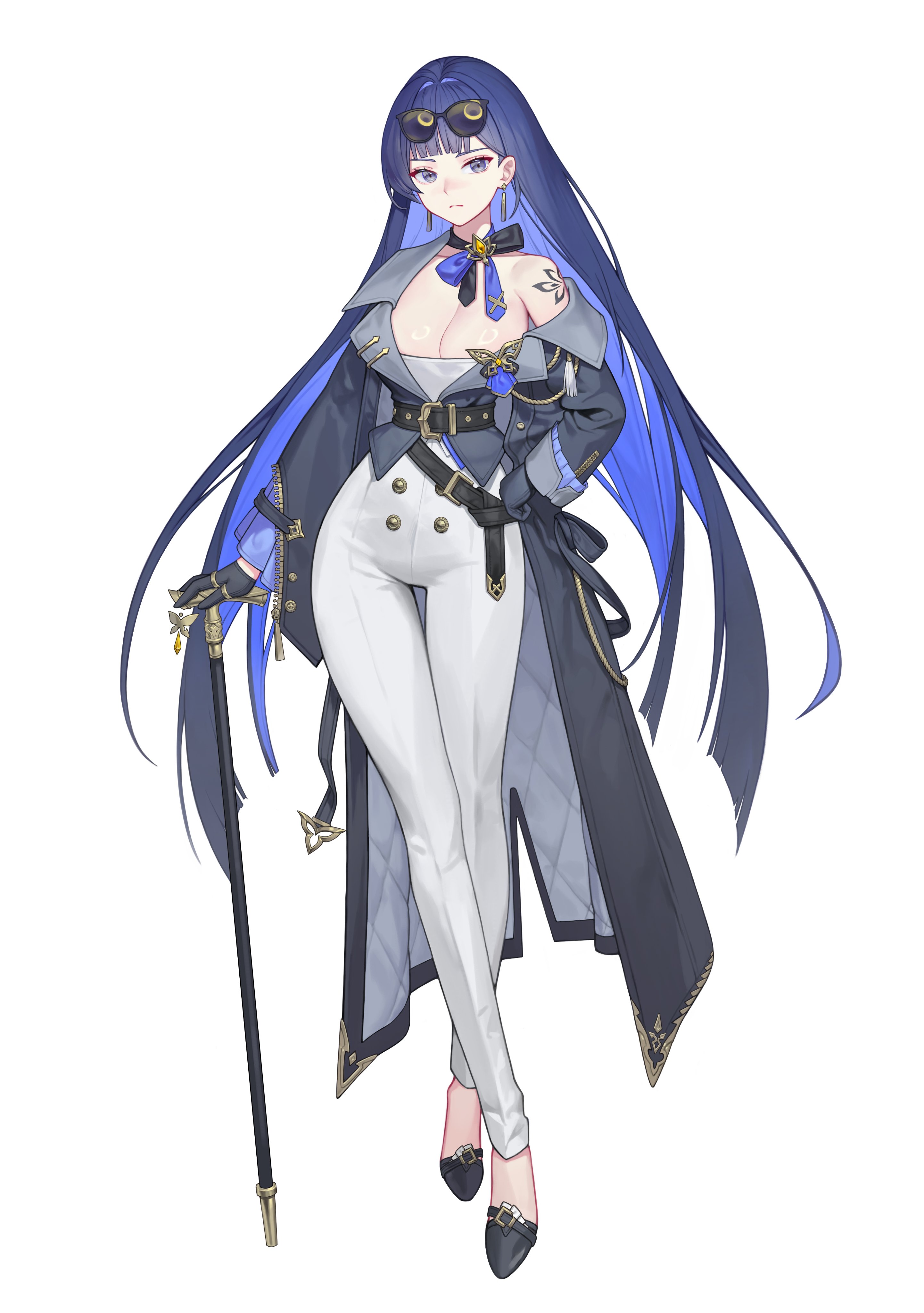 ina seo, original, absurdres, commentary request, hashtag-only commentary, highres, 1girl, black coat, black gloves, black shoes, blue hair, blunt bangs, breasts, cleavage, closed mouth, coat, crossed legs, earrings, eyewear on head, full body, gloves, grey eyes, hand on cane, hand on own hip, high-waist pants, jewelry, large breasts, long hair, looking at viewer, pants, shoes, solo, sunglasses, tachi-e, two-sided coat, two-sided fabric, very long hair, white pants