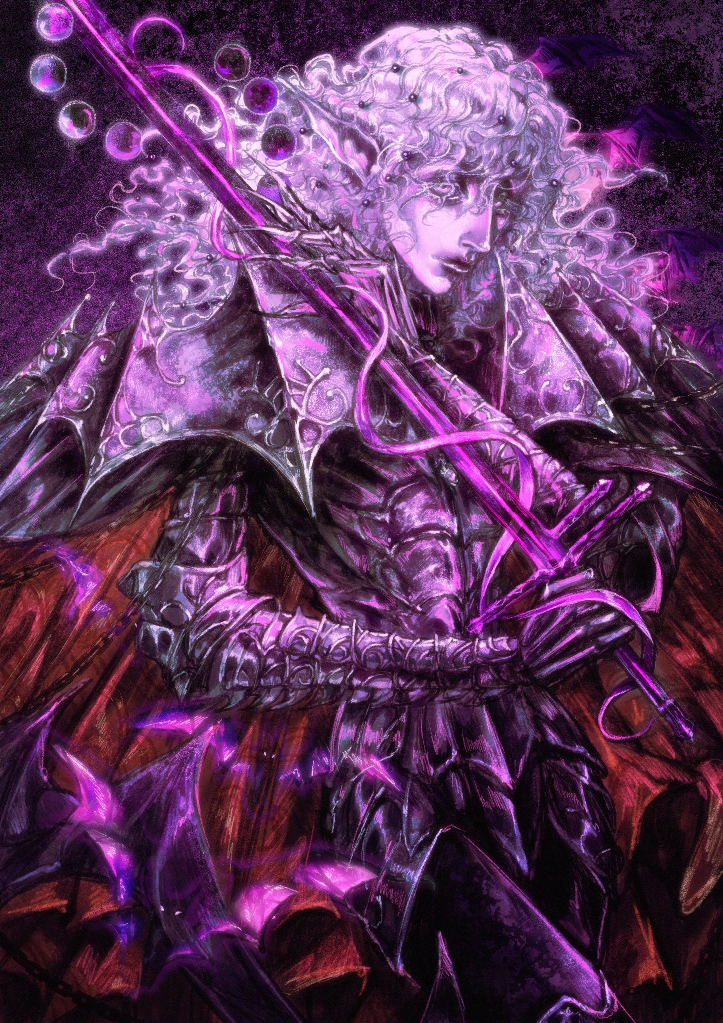 commentary, english commentary, highres, 1boy, armor, bat (animal), cloak, closed mouth, cowboy shot, crilall, full armor, glowing, glowing sword, glowing weapon, hair between eyes, hand on blade, holding, holding sword, holding weapon, lips, looking at viewer, lunacid, male focus, moon phases, nose, pale skin, pointy ears, purple armor, purple theme, red cloak, sad69kun, solo, sword, wavy hair, weapon, white hair