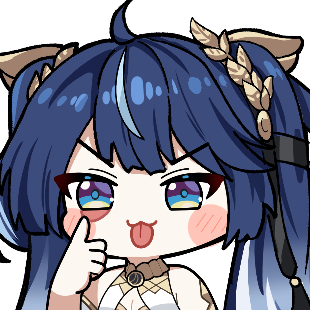 twomoon, iuno (wuthering waves), wuthering waves, commentary, english commentary, 1girl, :p, ahoge, akanbe, bare shoulders, blue eyes, blue hair, breasts, chibi, chibi only, cleavage, eyelid pull, gradient hair, laurel crown, looking at viewer, medium breasts, multicolored hair, portrait, solo, streaked hair, tongue, tongue out, twintails, v-shaped eyebrows