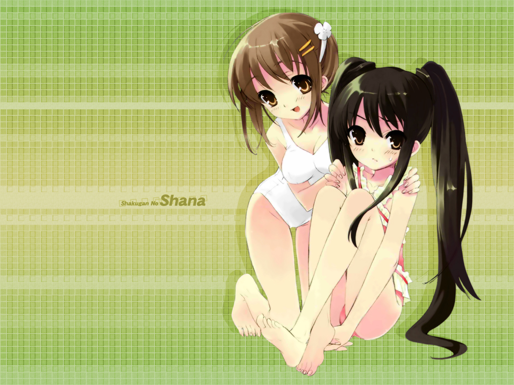 ito noizi, shana, yoshida kazumi, shakugan no shana, non-web source, 00s, 2girls, barefoot, black hair, brown eyes, brown hair, casual one-piece swimsuit, feet, hair ornament, hairclip, long hair, multiple girls, one-piece swimsuit, short hair, swimsuit, toes, twintails