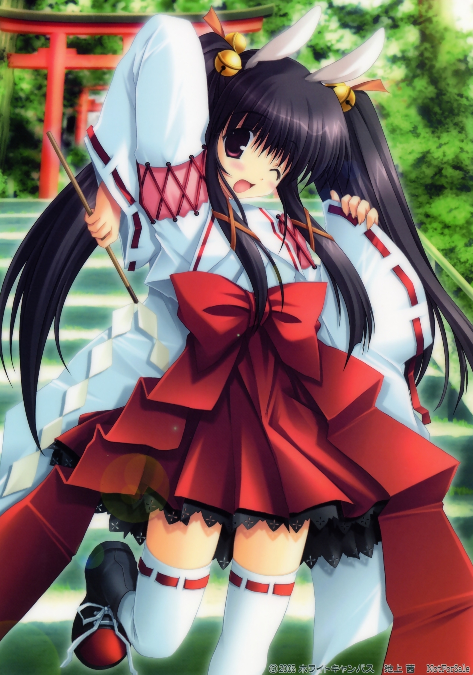 ikegami akane, highres, animal ears, arrow (projectile), black hair, japanese clothes, miko, one eye closed, pink eyes, rabbit ears, solo, thighhighs, torii, twintails, wink