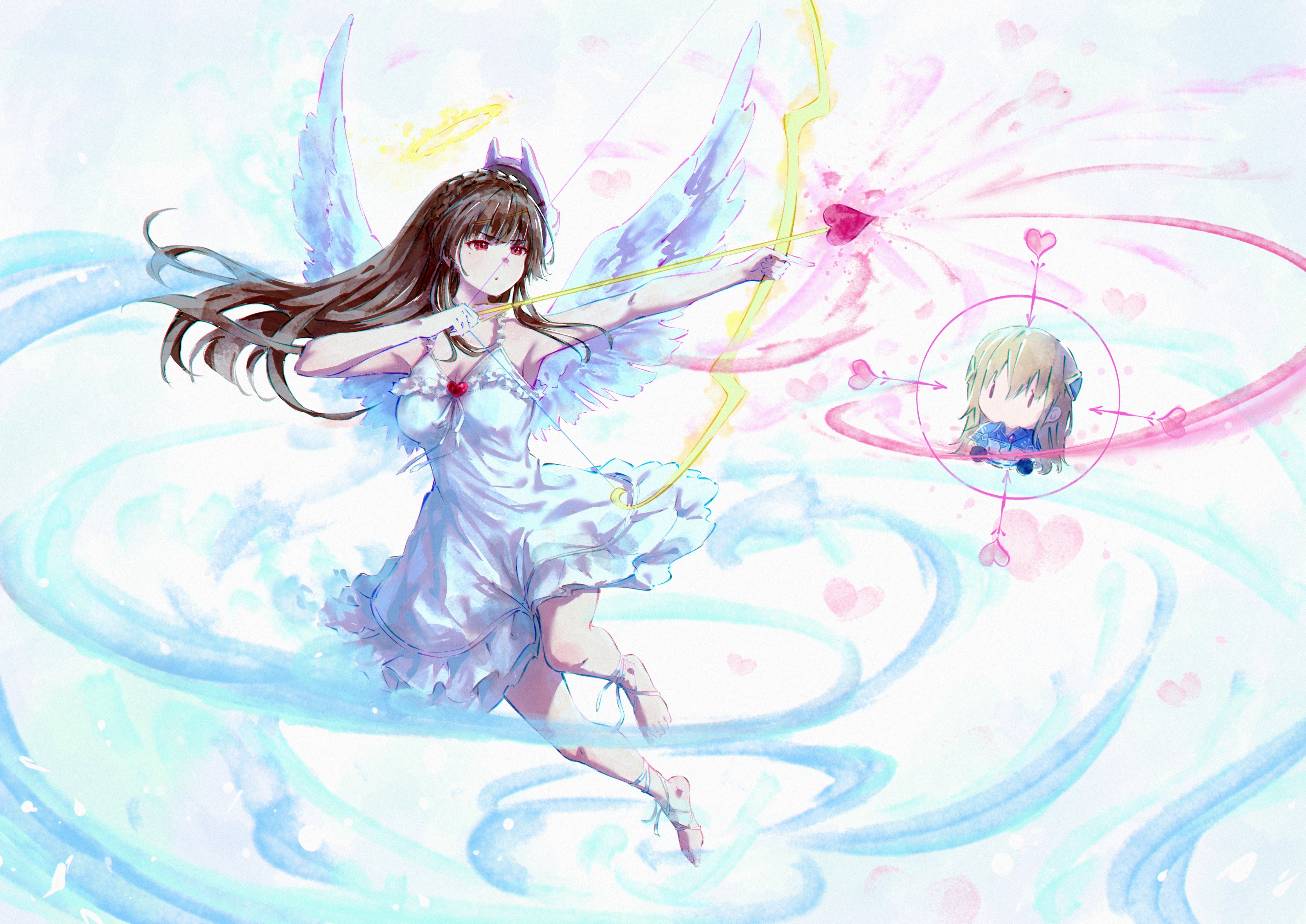 raito taisha, kiryuu miya, shirakawa yuina, heaven burns red, absurdres, highres, 1girl, aiming, angel, angel wings, ankle ribbon, arrow (projectile), bare arms, bare shoulders, barefoot, bow, bow (weapon), braid, breasts, brown hair, character doll, crown braid, doll, drawing bow, dress, feathered wings, frilled dress, frills, halo, holding, holding arrow, holding bow (weapon), holding weapon, leg ribbon, long hair, mask, mask on head, medium breasts, outstretched arm, red eyes, ribbon, sleeveless, sleeveless dress, solo, sundress, very long hair, weapon, white dress, white wings, wings, | |