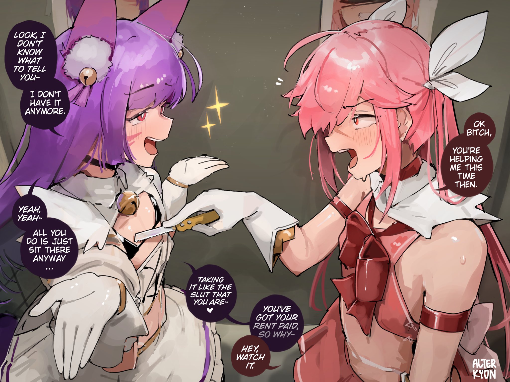 alterkyon, original, highres, 2boys, animal ear fluff, artist name, bell, bow, boxcutter, bra, choker, clothing cutout, ear bell, english text, gloves, hair bow, hime cut, holding, holding boxcutter, long hair, maid, multiple boys, neck bell, open mouth, pink hair, purple hair, red eyes, ribbon, skirt, speech bubble, trap, underwear, white gloves