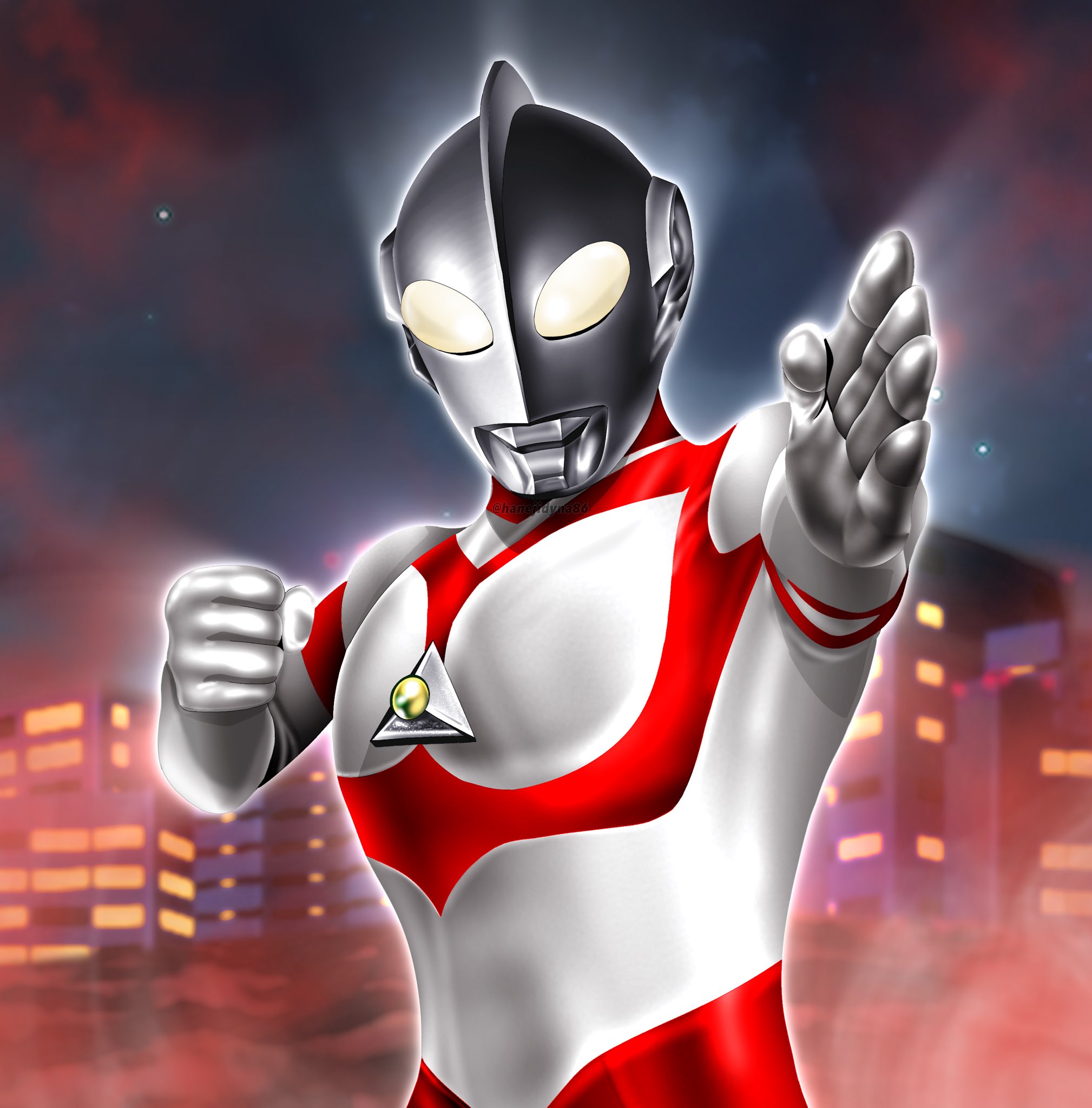 hanejidyna86, ultraman great, ultra series, ultraman: towards the future, commentary, highres, 1boy, aiming, aiming at viewer, alien, building, city, city lights, cityscape, clenched hand, color timer, colored skin, colored smoke, compound eyes, dorsal fin, fighting stance, giant, giant male, glowing, glowing eyes, gradient eyes, hand up, looking at viewer, male focus, multicolored eyes, multicolored skin, muscular, muscular male, night, no pupils, outdoors, outstretched arm, outstretched hand, pectorals, red skin, silver skin, smoke, solo, tokusatsu, twitter username, two-tone skin, upper body, white eyes, white skin
