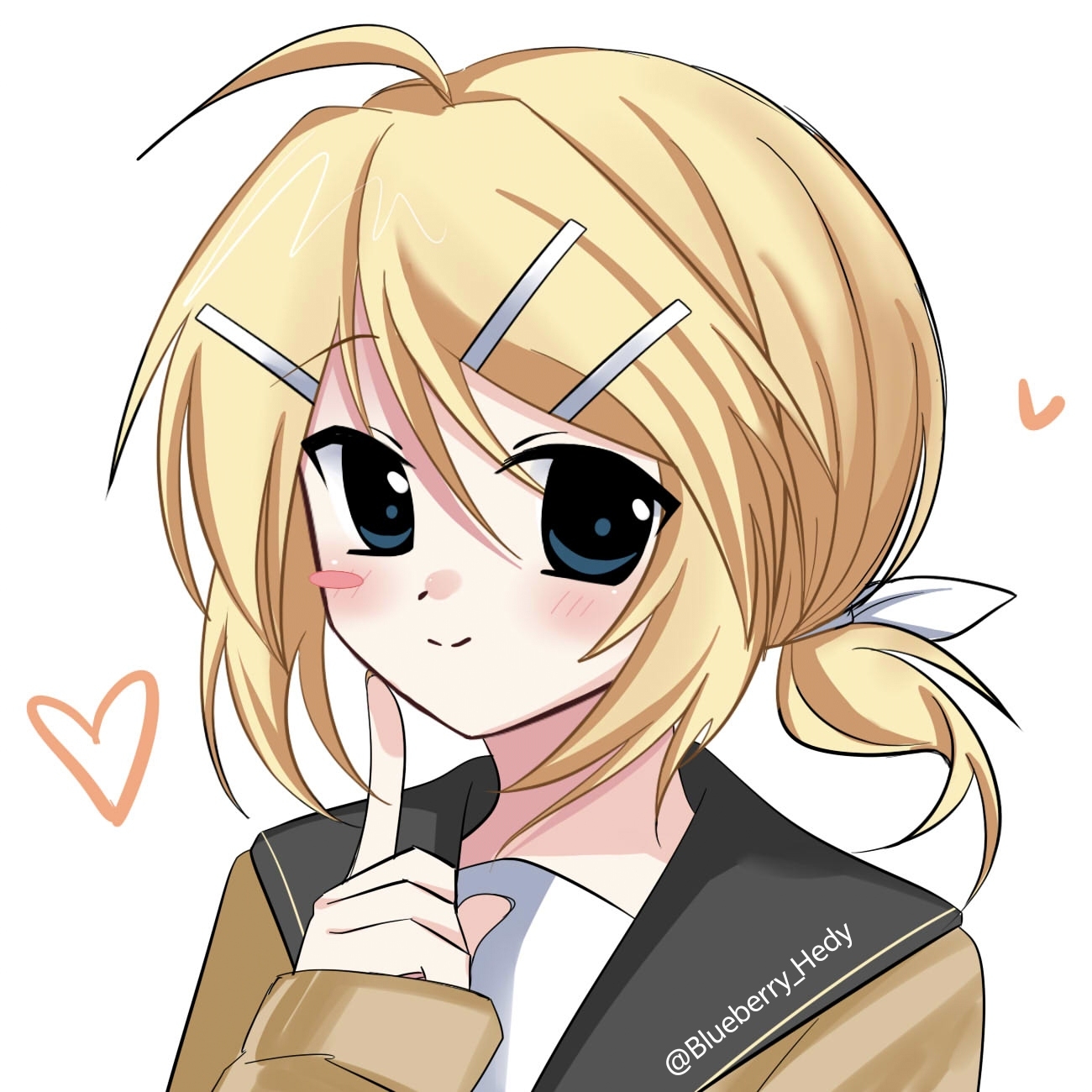 blueberry hedy, kagamine rin, vocaloid, commentary request, highres, 1girl, ahoge, alternate hairstyle, blonde hair, blue eyes, blush, blush stickers, bow, cardigan, finger to cheek, hair bow, hair ornament, hairclip, heart, index finger raised, looking at viewer, low ponytail, ponytail, portrait, school uniform, serafuku, single blush sticker, smile, solo, twitter username