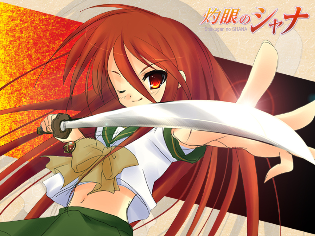 alastor (shakugan no shana), shana, shakugan no shana, non-web source, 00s, 1girl, female focus, jewelry, long hair, midriff, necklace, one eye closed, pendant, red eyes, red hair, school uniform, serafuku, solo, sword, weapon, wink