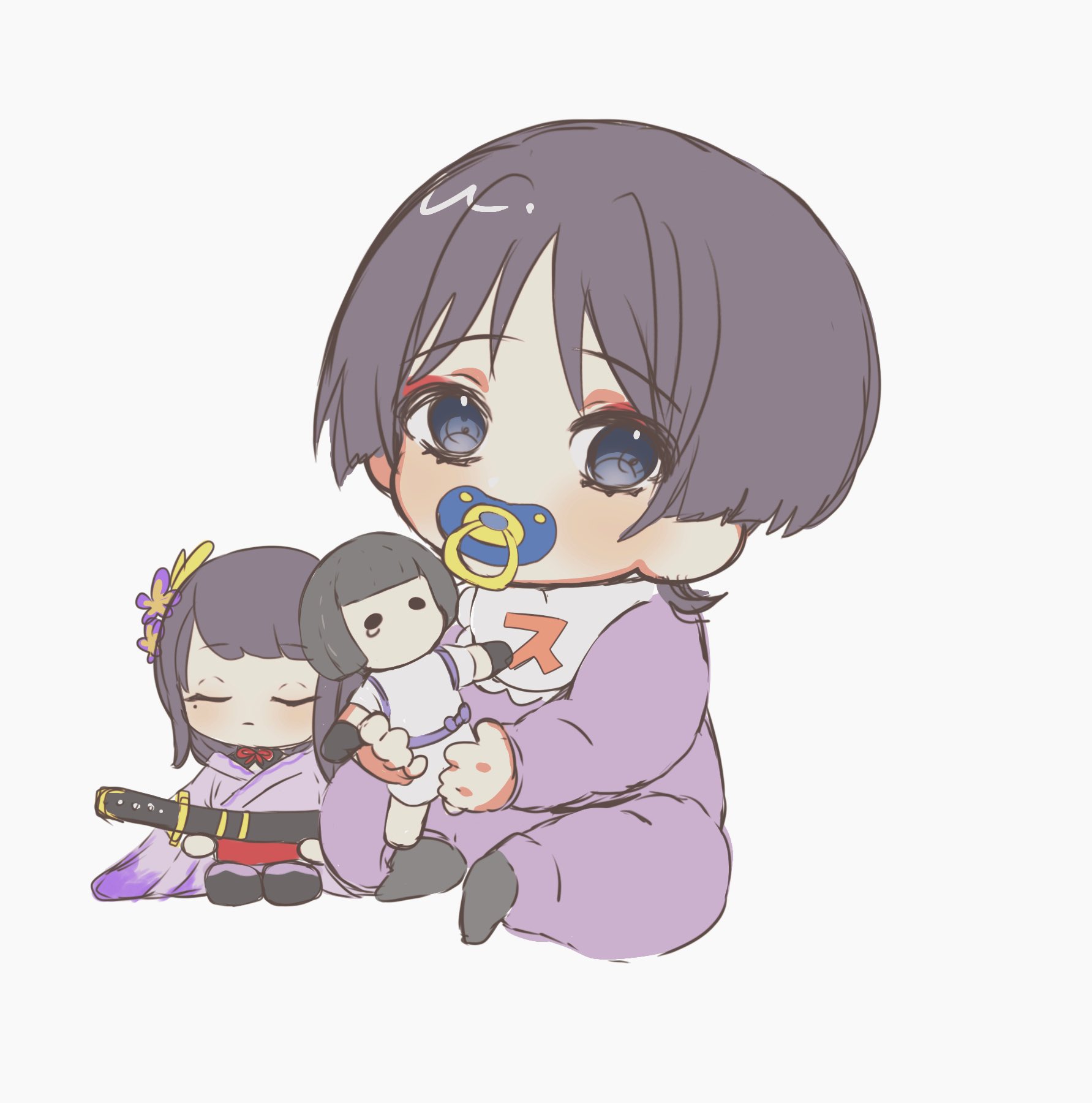 mofubii, raiden shogun, scaramouche (genshin impact), scaramouche (kabukimono) (genshin impact), genshin impact, commentary request, highres, 1boy, aged down, baby, bib, blue eyes, character doll, doll, eyeshadow, grey background, hair between eyes, head tilt, holding, holding stuffed toy, japanese clothes, long sleeves, looking at viewer, looking to the side, makeup, mole, mole under eye, onesie, pacifier, purple hair, red eyeshadow, short hair, simple background, sitting, stuffed toy