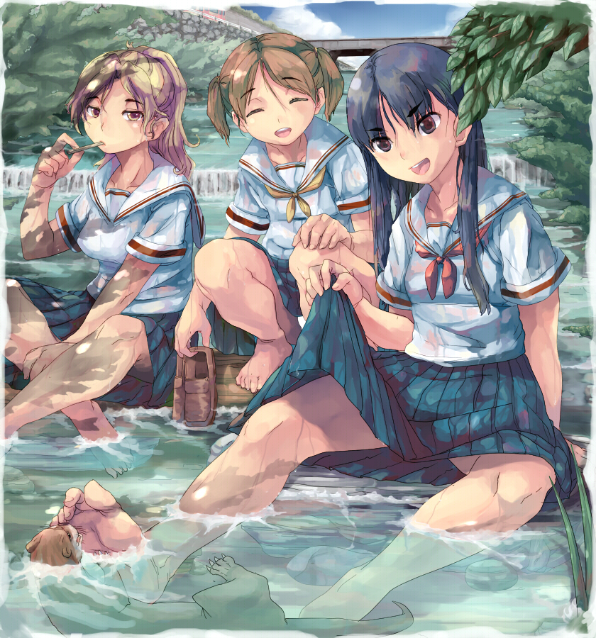 knucklecurve, 3girls, barefoot, blue hair, brown hair, clothes lift, crossed legs, eating, feet, licking, long hair, multiple girls, open mouth, otter, ponytail, school uniform, short hair, skirt, skirt lift, slice of life, smile, soaking feet, spread legs, toes, twintails, wading, water, wet, wet clothes